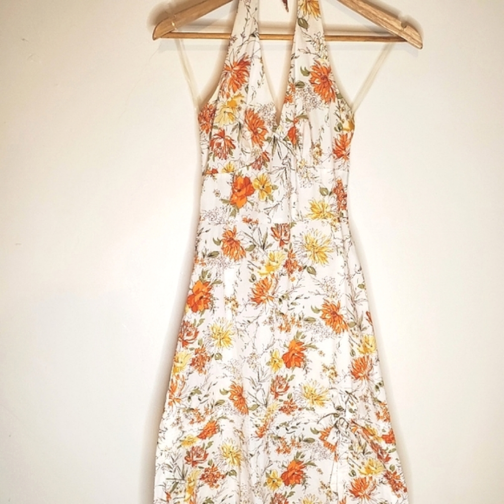 Springtime Song Orange, Green, Yellow and White Floral Print Halter Dress - Picture 10 of 16
